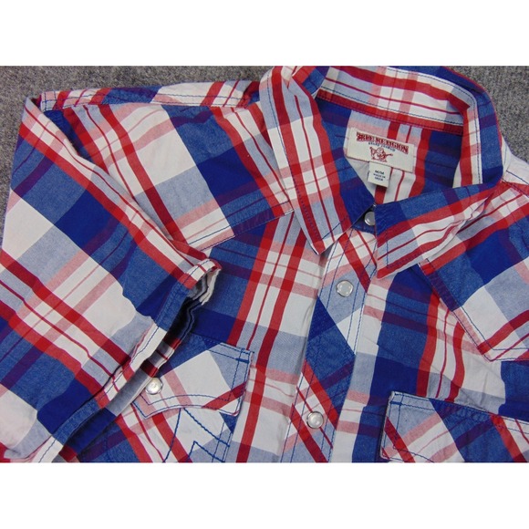 True Religion Shirt Mens Med Red Blue White Plaid Short Sleeve Button Up - Picture 1 of 8
